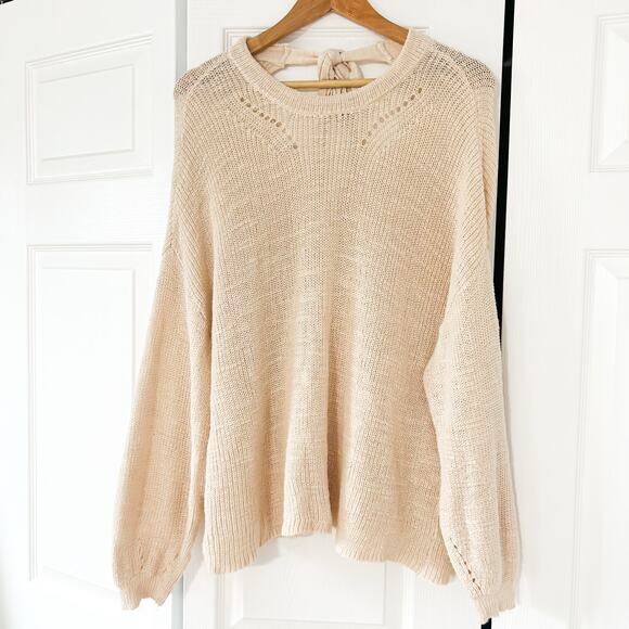 American Eagle Cream Knit Tie-Back Open Keyhole Sweater Women’s Size Large - Picture 1 of 5